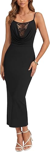 LYANER Women's Sexy Cowl Neck Sheer Lace Slit Bodycon Adjustable Straps Long Dre