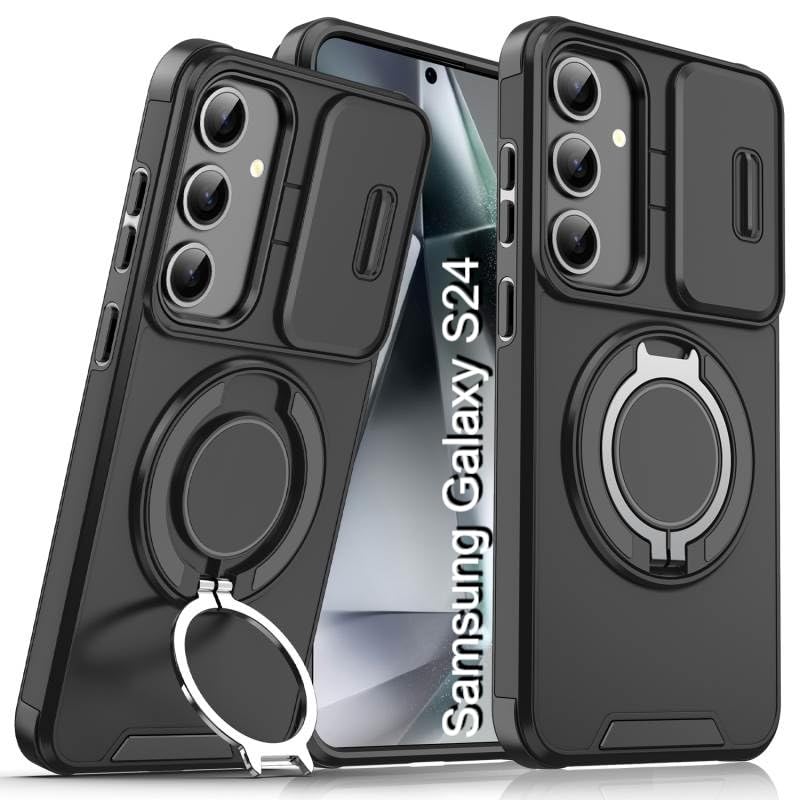 Image of LuxuryKase Shockproof Rugged Case for Samsung Galaxy S24 | Slide Camera Cover | 360 Rotating Ring Kickstand | Military-Grade Protection - Matte Black