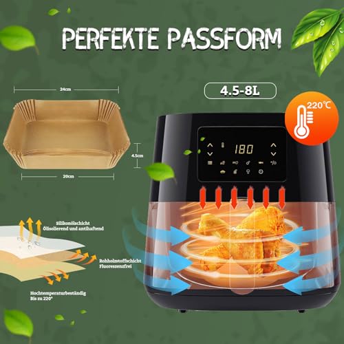 papel freidora aire 110 piezas Apto para freidora de aire caliente de 4,5L-8L Sin BPA papel air fryer cuadrado 20-24cm Compatible con COSORI Airfryer Cecotec Philips - imagen 5