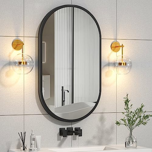 16×24 Black Oval Mirror, Bathroom Vanity Mirror Metal Framed, Pill Shaped Mirror, Horizontal or Vertical Modern Wall-Mounted Mirrors Decor for Bedroom, Living Room, Entryway, over Sink, Hallway