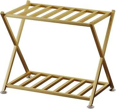 Zfmnoyev Luggage Racks with Foot Pads, Double Layer Metal Luggage Rack for Suitcases, Suitcase Stand with Storage Shelf, Holds Up to 200 Lbs, for Guest Room, BedroomGold