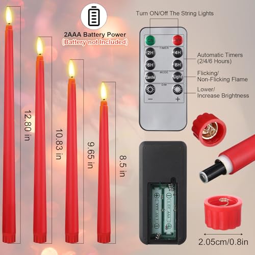 Image of Rossesay 16 Pcs Red Flameless Taper Candles Battery Operated Candles with Remote Timer 8.5 inch 9.6 inch 10.8 inch 12.8 inch LED Flameless Flickering Candlestick for Halloween Christmas Wedding Party Decor