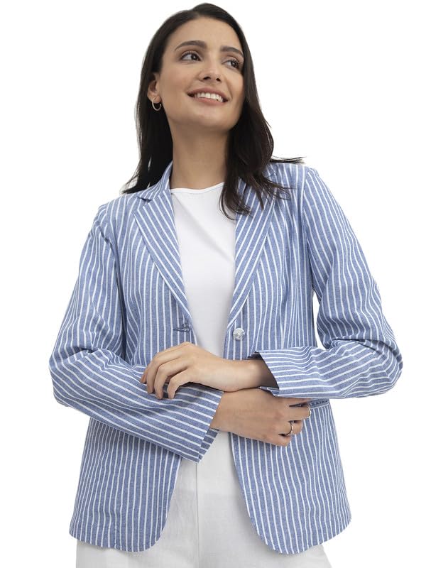 Linen Single Breasted Blazer - Blue