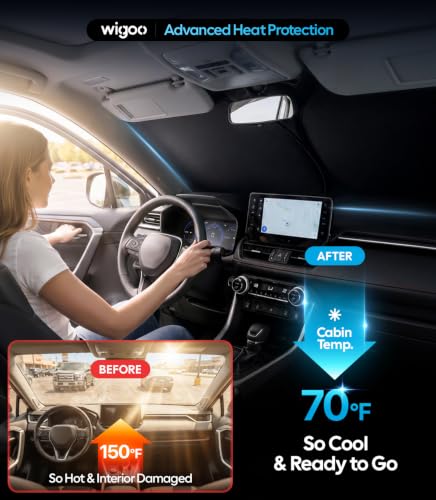 Image of Wigoo 2026 Upgrade Universal Car Windshield Sun Shade [100% Light Block, Durable 210D Oxford] Foldable Heat Insulation Interior Sun Visor to Keep Interior Cool with Storage Bag, S3(59 inchx36 inch)