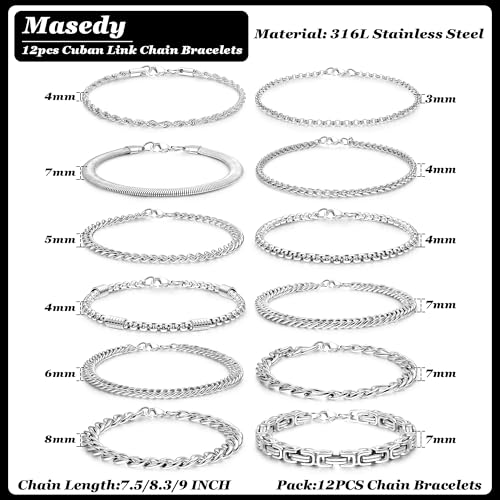 12PCS Stainless Steel Cuban Link Chain Bracelets for Men Women Gold Figaro Rope Chain Men's Curb Chain Bracelets Set Box Square Rolo Twisted Wrist Bracelets 7.5/8.3/9inch2