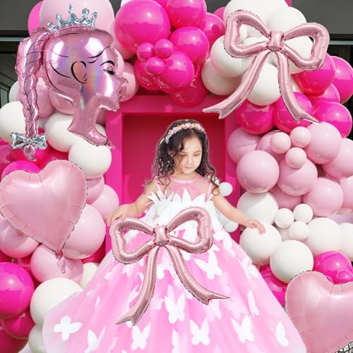 Image of Princess Pink Foil Balloon Set - 5pcs Pink Bow Balloons, Crown Girl Doll Foil, and Heart Balloons For Makeup, Girl Birthday, Tea Party, Coquette Photo Booth, Ballerina Backdrop