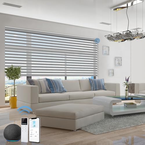 TIPIACE Hard-Wired Motorized Zebra Blinds Compatible with Alexa,Remote Control Half Blackout Thick Fabric Zebra Blinds Shades for Windows (Glacier Grey)