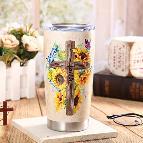 20 Oz Stainless Steel Tumbler Christian Gift For Women Religious Inspirational Gifts Faith Vintage Cross Bible Vacuum Insulated Travel Coffee Mug For Women Friend Easter Birthday Gift (Sunflower) #TOP2