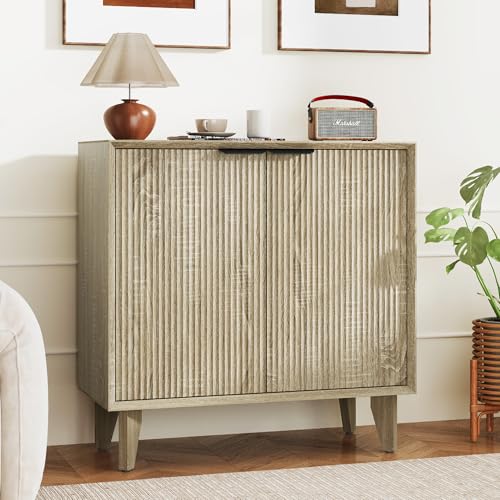 Furnivado Fluted Cabinet with Storage, Small Buffet Sideborad with Door, Kitchen Buffet Storage Accent Cabinet with Adjustable Shelves for Living Room, Entry, Hallway, Natural