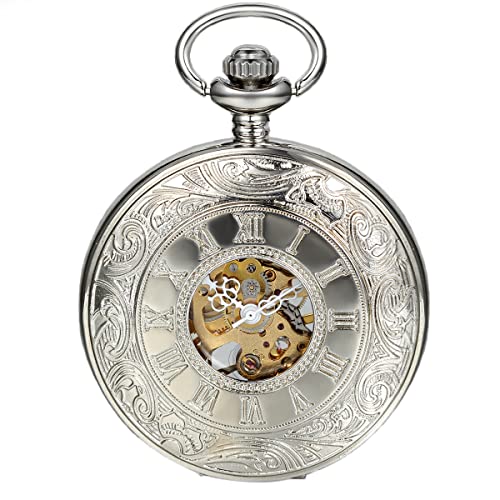 Image of JewelryWe Antique Mechanical Pocket Watch Retro Classic Mechanical Hand-Wind Pocket Watch Steampunk Fob Watch Pendant Watch with Chain, for Father's Day