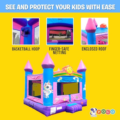 Pogo Bounce House Crossover Inflatable Bounce House, Pink, 13 x 12 x 14.5 Foot, Outdoor Playhouse for Kids Outdoor Commercial Bouncer Castle with Basketball Hoop, Blower, Stakes, & Storage Bag - Thumbnail 4
