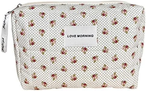 Juoxeepy Cotton Makeup Bag Large Travel Cosmetic Bag Quilted Cosmetic Pouch Coquette Aesthetic Floral Toiletry Bag, A-Beige, 10x5.9x5.3in