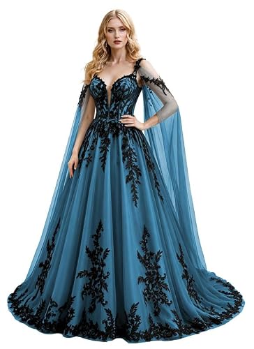 TRHTX Gothic Cape Sleeves Wedding Dresses Teal Victorian Dresses 12