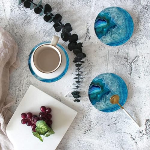 Image of Coaster for Drinks with Holder 6 Pack, Ocean Coasters for Table, Coasters with Cork Base,Housewarming Gift for Home Decor (Agate Blue)