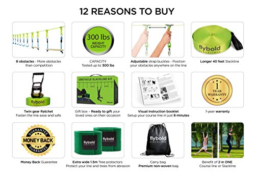 Flybold Obstacle Course For Kids | Ninja Warrior Slackline Kit With 8 Adjustable Obstacles | Twin Gear Ratchet For Extra Safety | Great Slack Line Training Equipment | 40 Ft #TOP5