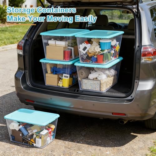 Image of SIMPLYKLEEN Storage Totes with Lids - Made in USA 14.5-Gallon (58-Quart) 4-Pack storage bins with lids plastic storage containers large storage boxes for Organizer Sky Blue /Clear