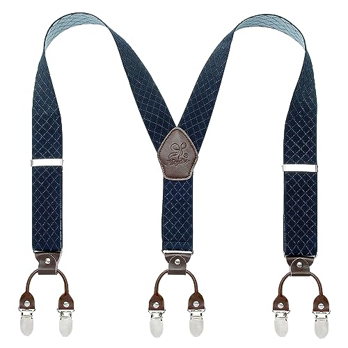 KANGDAI Tirantes de piel de vacuno para hombre, ancho y estilo Y, 3,5 cm, con clip de metal muy fuerte, duradero, elástico, ajustable, caja de regalo para hombre y mujer, Patrón de cuadros azules