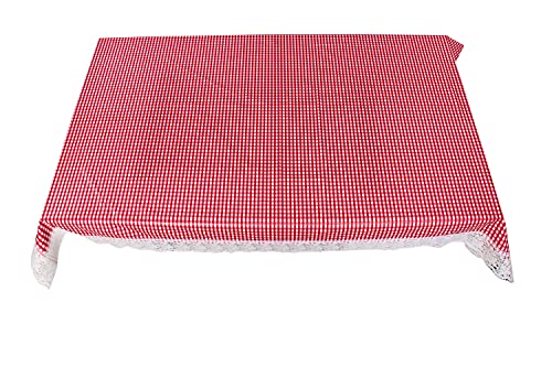 Image of The Furnishing Tree Waterproof PVC Rectangle Shaped 2 Seater Table Cover WxL 45x70 inches Pin Check Pattern Pink with White Border lace