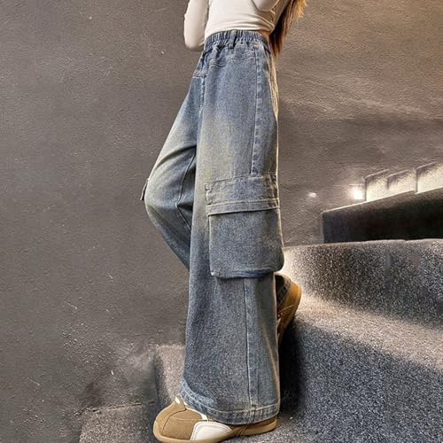 Girls Cargo Baggy Jeans 2025 High Waist Floor Baggy Wide Leg Denim Pants Streetwear Denim Trousers with Pockets 5-16Y2