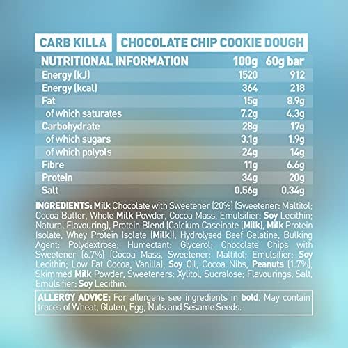 Grenade Carb Killa High Protein and Low Carb Bar, 12 x 60 g - Chocolate Chip Cookie Dough (Contains Peanuts)
