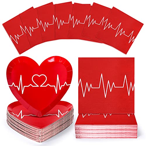 Whaline 80Pcs 2025 Nurse Graduation Tableware Set Red Heart Rate Prints Disposable Dinnerware Set 40Pcs Heart Shape Paper Plates 40Pcs Lunch Napkins for Doctor Nurse Graduation Party Supplies