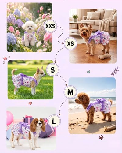 Image of CuteBone Purple Butterfly Floral Pet Dress for Small Dogs, Cats - Ruffled Sleeves - Lavender Satin Bow - Spring Garden, Photo Dress