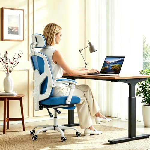 Image of Ergonomic Office Chair with Footrest, High Back Home Desk Computer Chair with Lumbar Support & Headrest, 90-135 Reclining Mesh Back with Wheels for Work, Gaming, Blue
