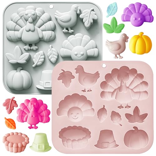2Pcs Fall Thanksgiving Chocolate Silicone Molds Autumn Pumpkin Turkey Leaves Silicone Molds Baking Soap for Halloween Autumn Cupcake Cake Topper Dcor Supplies