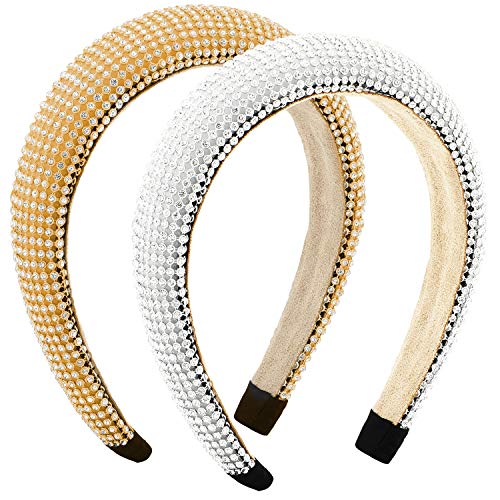 2 Pieces Diamond Padded Headband Rhinestone Headband Crystal Beaded Hairband Wide Hair Hoops Velvet Hair Band Hair Accessories for Woman Girls (Silver, Gold)