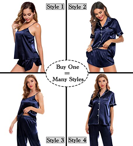 Image of SWOMOG Womens Silk Satin Pajamas Sets 4pcs Sleepwear Sexy Cami Shorts Set and Button Down Short Sleeve Pjs Loungewear