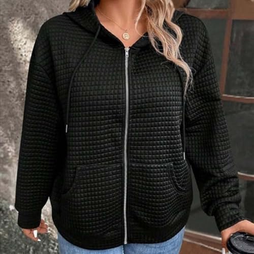 Jaqueta feminina de malha waffle grande outono manga longa pulôver com zíper casual ajuste solto cas