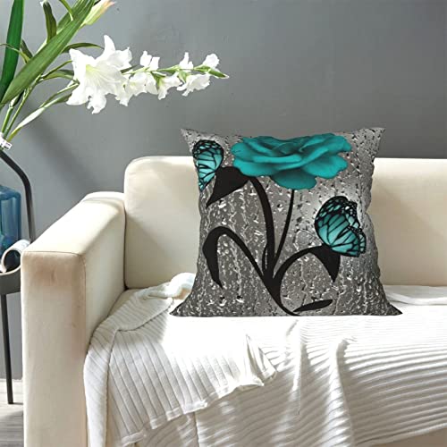 Lonsant Throw Pillow Covers Set Of 2,Teal Gray Rose Flower Butterflies Modern,Cushion Covers Pillowcase Farmhouse Home Outdoor Pillows Decorative Square Pillow Cover For Sofa Bed Couch Decor 18"X18" #TOP5