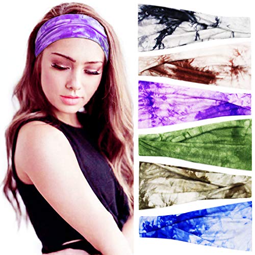 Tie Dye Headbands 6 Pcs Stretchy Cotton Yoga Headbands for Women Non Slip Sports Sweat Headbands Workout Hair Bands for Women Girls Adults
