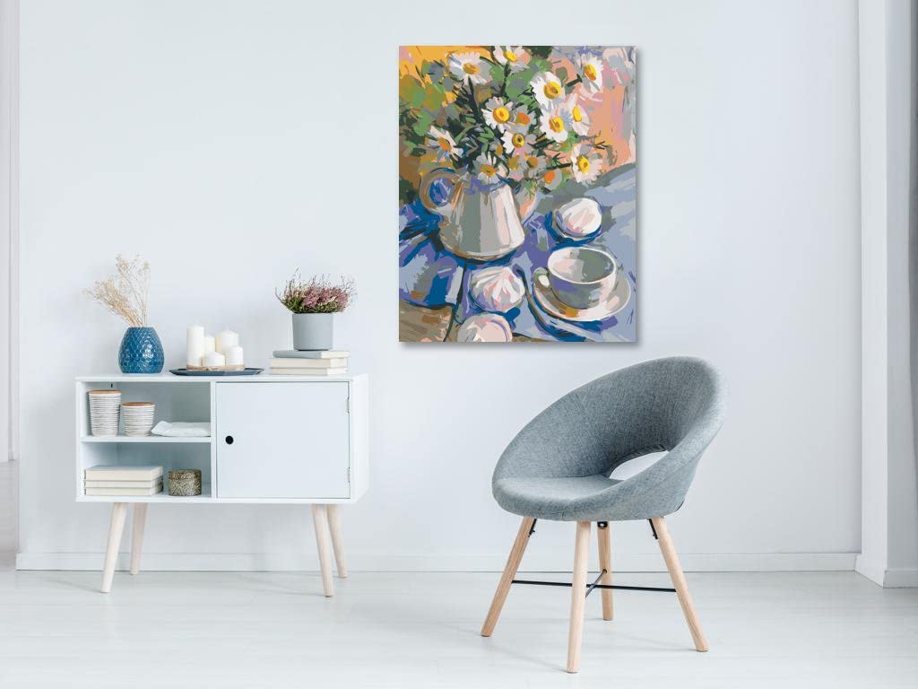 Malowanie według liczb - Margerity w wazonie na niebiesko chusty 80 x 100 cm bez blejtramy