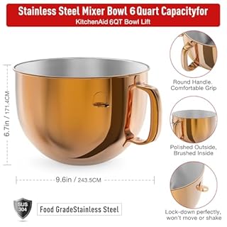 6QT Stainless Steel Mixer Bowl for Kitchenaid Stand Mixers, Kitchen Aid Mixing Bowl for 6QT Lift Mixer with Handle Copper
