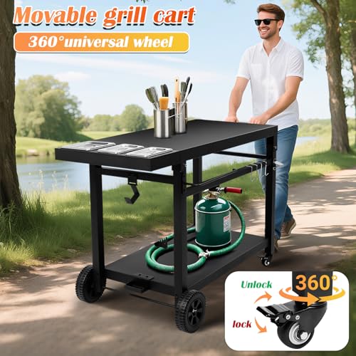 Image of Black Cast Iron 2-Shelf Grill Cart with Wheels,Heavy Duty Pizza Oven Stand for Blackstone Ninja,Outdoor Cooking Station with Durable Tabletop