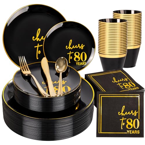 U-QE 20 Guests Black Plastic Birthday Plates - Cheers to 80 Years