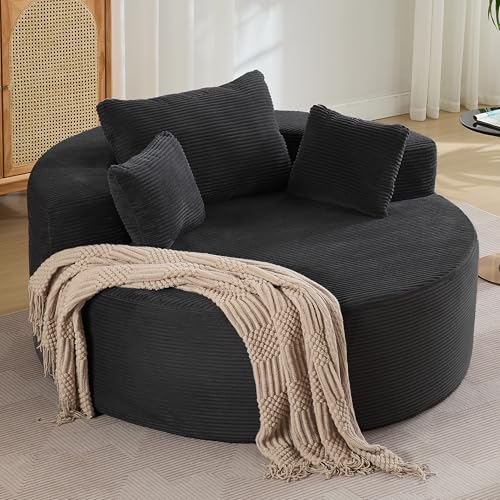 55''Oversized Round Boneless Chaise Lounge Chair,Corduroy Modern Floor Sofa Deep Seat, Compressed Circle Comfy Barrel Chair, No Assembly Sleeper Cloud Sofa Couch Bed for Living Room, Bedroom,Black