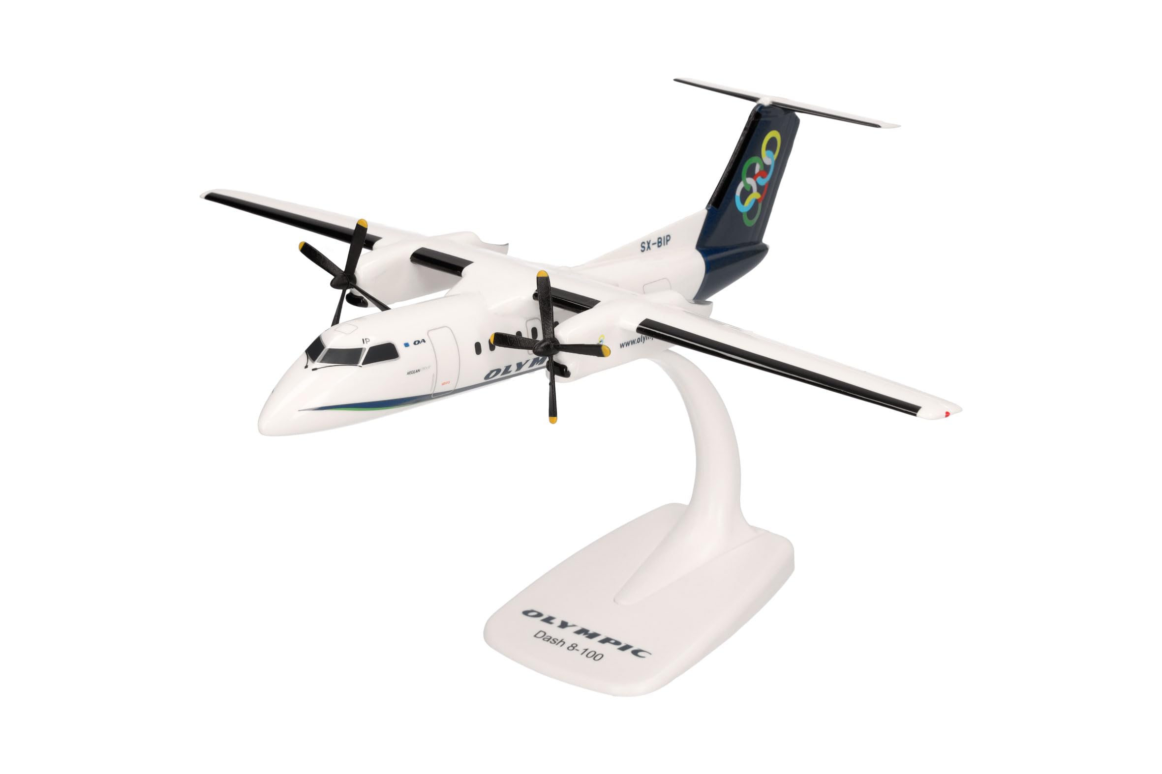 Herpa Snap-Fit airplane model Olympic Air DHC-8-100 on scale of 1:100, plastic miniature with pedastal, model building, collectors edition