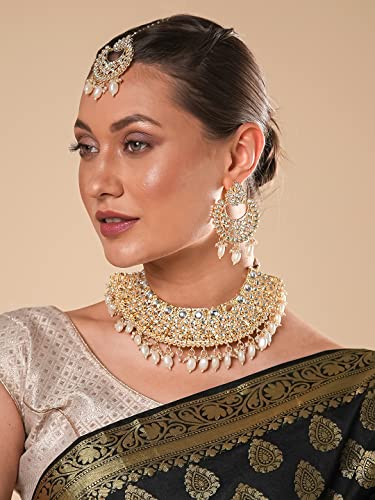 Image of Yellow Chimes Jewellery Set for Women Kundan Studded Beads Drop Choker Necklace Set with Earrings for Women and Girls
