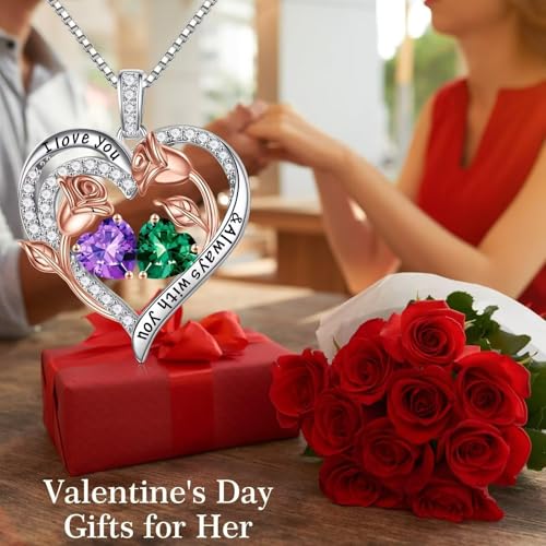 Iefil Valentines Day Gifts for Her - 925 Sterling Silver Rose Heart Birthstone Necklace Birthday Anniversary Jewelry Gifts for Her Wife Mom Daughter - Image 3