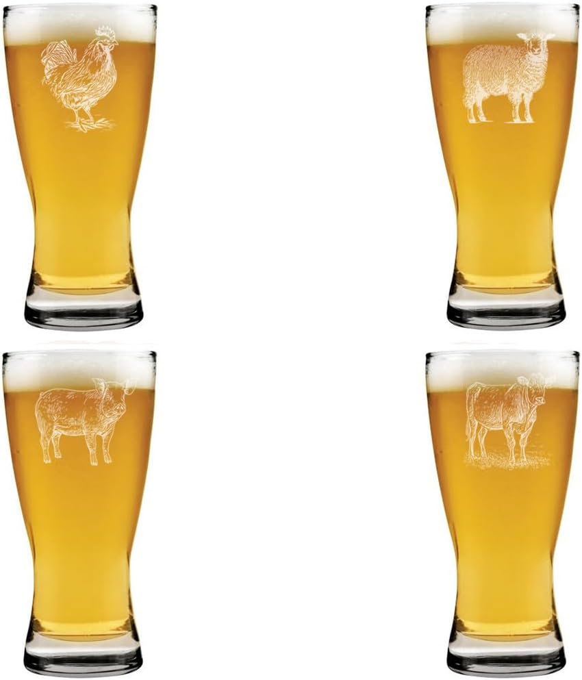 MIP 15 oz Beer Pilsner Glass Gift Set of 4 Farm Animals Collection