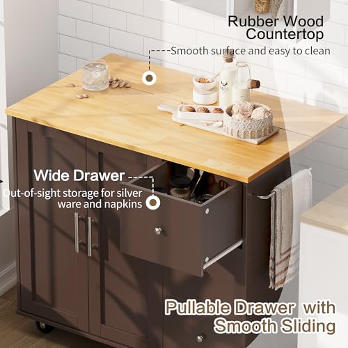 Image of SUNLEI Kitchen Island with Storage Cabinet, Rolling Kitchen Table with Foldable Drop Leaf, Kitchen Island Cart on Wheels with Handle for Towel, Portable Islands for Kitchen (Brown, 39.7-INCH)