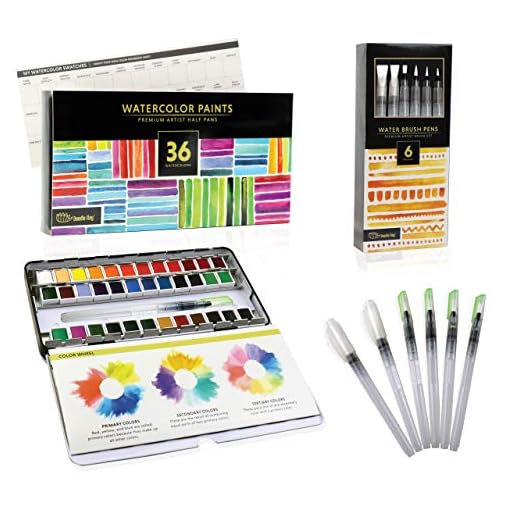 DOODLE HOG Watercolor Paint Set For Artists On-The-Go. Value Bundle Includes 36 Half Pans of Vibrant Water Color Palettes & 6 Refillable Water Brush Pen.