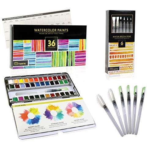 Watercolor Paint Set For Artists On-The-Go! Value Bundle Includes 36 Half Pans of Vibrant Water Color Palettes + 6 Refillable Water Brush Pen.