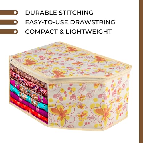 Image of Urbane Home Blouse Cover | Clothes Storage Bag | Zipper Wardrobe Organizers | Non-Woven Clothes Organiser | Side Transparent Blouse Organizer | Red Flower-Design | Pack of 9 | Ivory