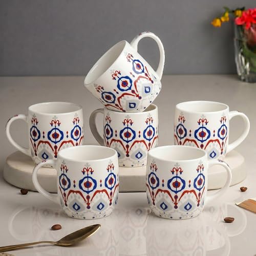 Image of UPC Coffee Mug Set of 6 | White Ikat Boho Print | Blue & Red Ethnic Medallion Pattern | Bone China Tea & Coffee Cups | Microwave Safe | Home & Kitchen