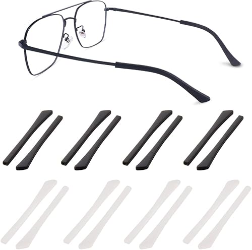 Junsika Puntas de extremo de patillas de gafas de silicona suave antideslizante para patas planas y delgadas, 8 pares, color negro