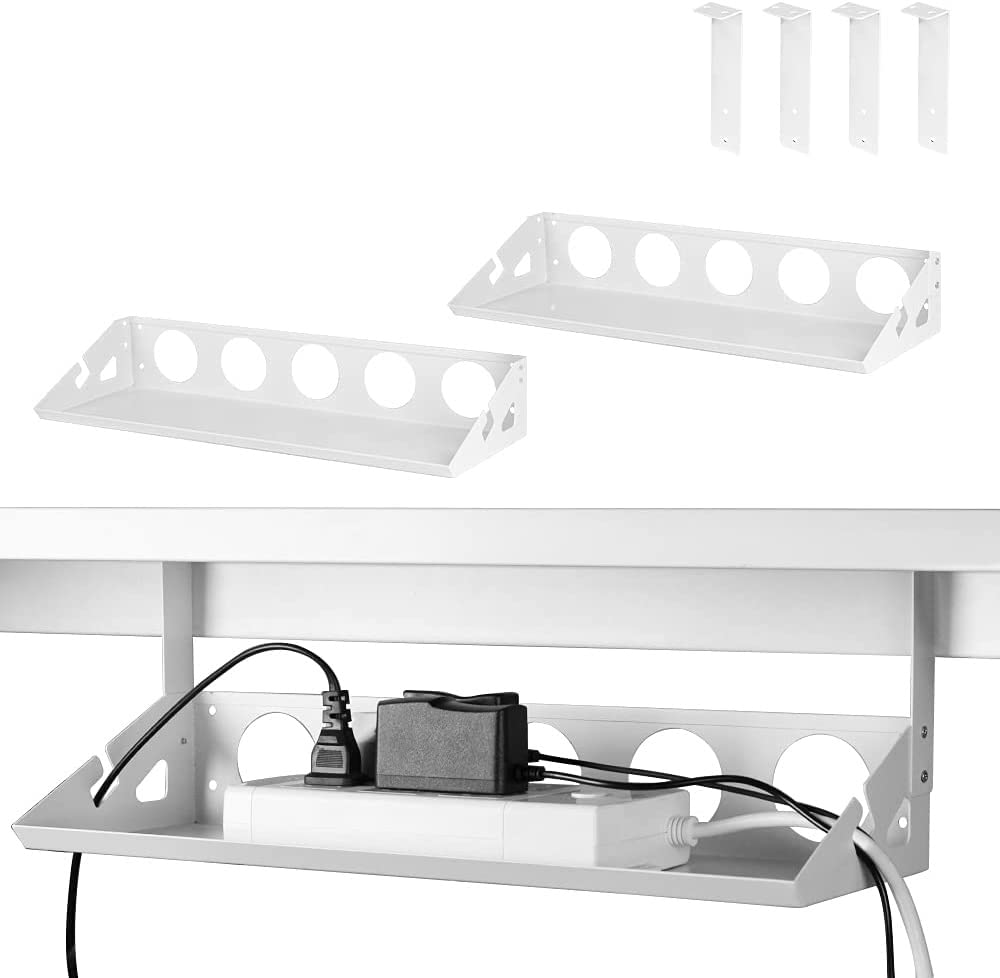 INDIAN DECOR. 41611 Pack of 2 Under Desk Cable Management Tray Organizer, 40cm Heavy Sheet Metal Cable Holder Under Table Wire System Management for Home Desks, Offices and Kitchens (White)-picture-22