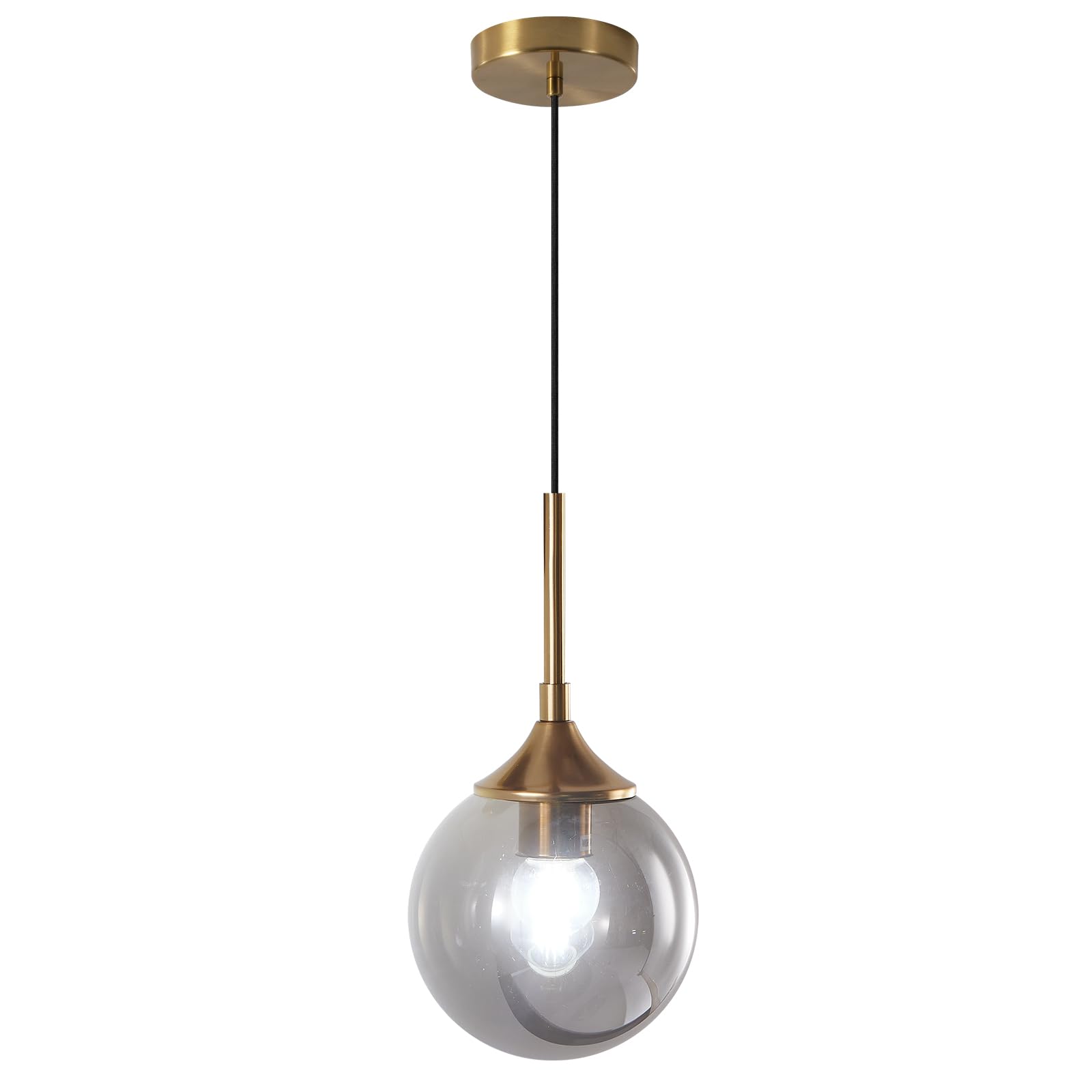 KCO Lighting Modern 1-Light Globe Pendant Light Mid Century Large Single Smoke Glass Hanging Light Brushed Brass Adjustable Pendant Light Fixture for Living Room Kitchen Island
